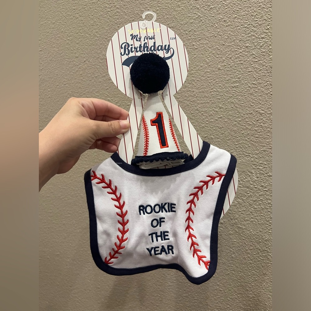 My First Birthday 'Rookie of the Year' Baseball Bib & Hat Set - White/Navy/Red